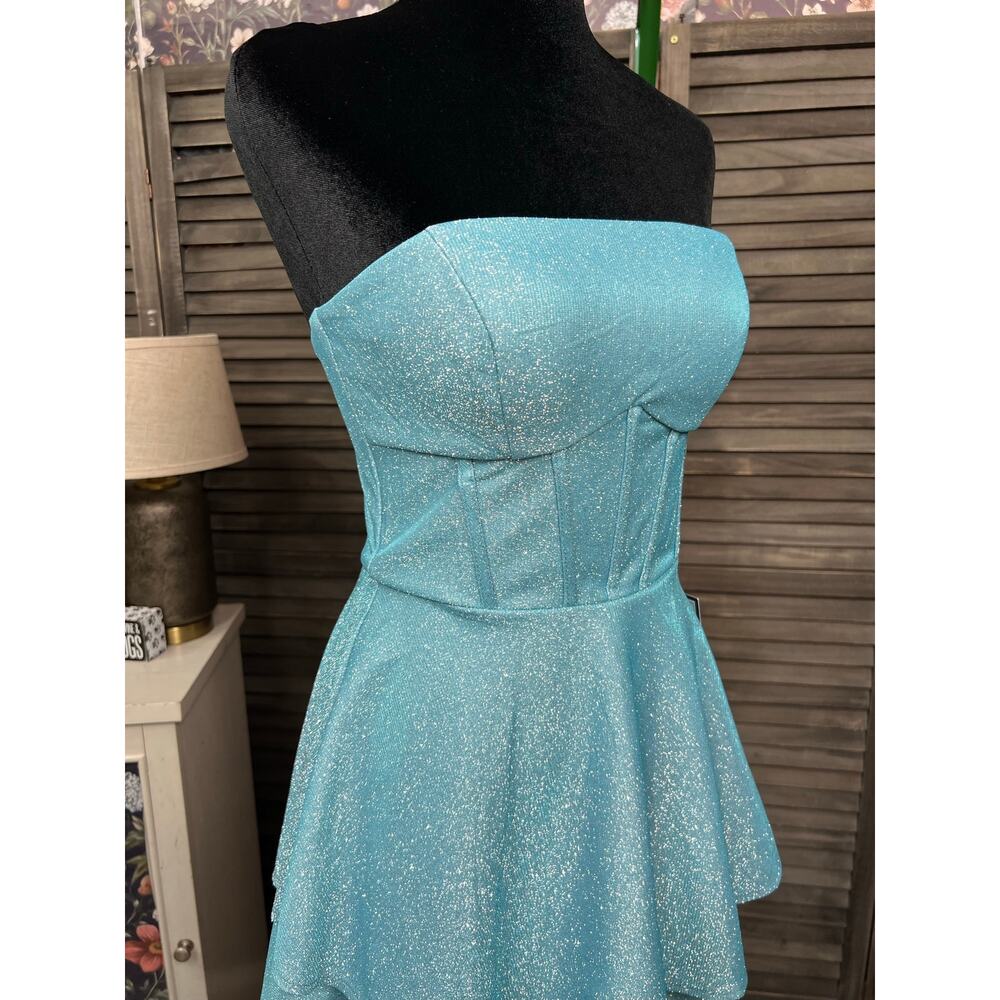 B Darlin Juniors 9/10 Turquoise Sparkle Strapless Homecoming Mini Dress NWT - Picture 6 of 11